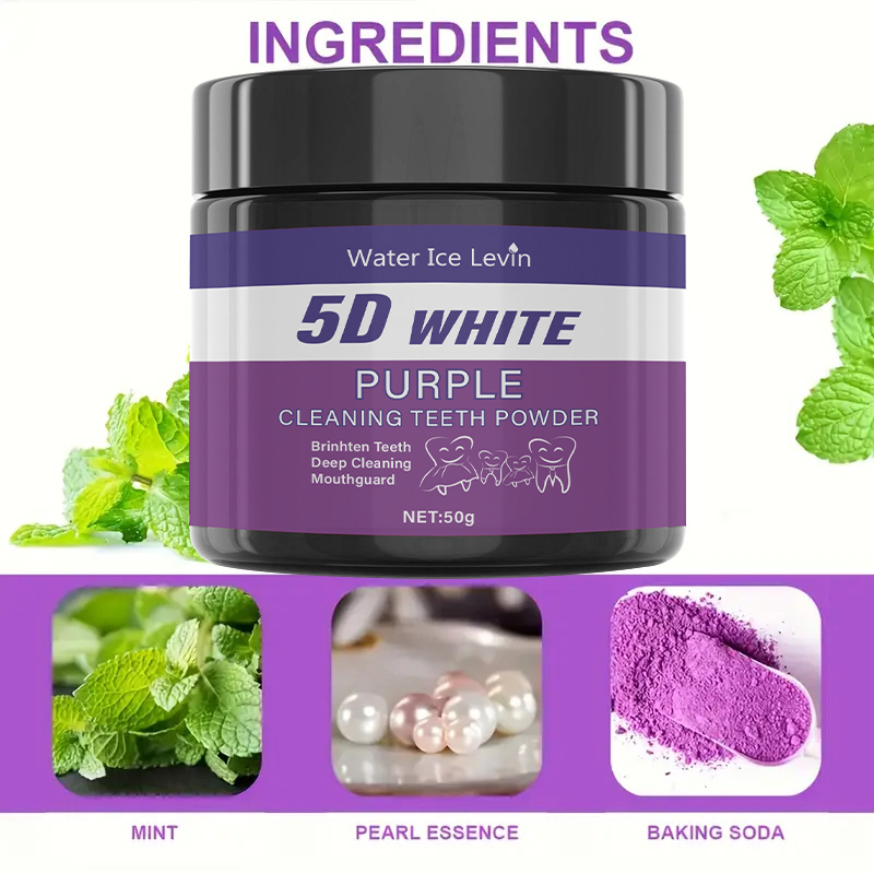 Teeth Whitening Baking Soda - ผงทำความสะอาดฟัน 5D สีขาวม่วง เบกกิ้งโซดาผสมสารสกัดมินต์เพิร์ล ช่วยให้ฟันขาวขึ้น, ทำความสะอาดล้ำลึก,