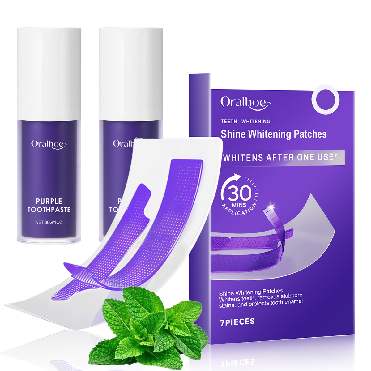 Teeth Whitening Home Kit - ชุดคอมโบฟอกสีฟันสีม่วง – แผ่นขจัดคราบและเซรั่มปรับสีฟัน ชุดดูแลฟันที่บ้านเพื่อฟันขาวกระจ่างใสใน 30 นาที